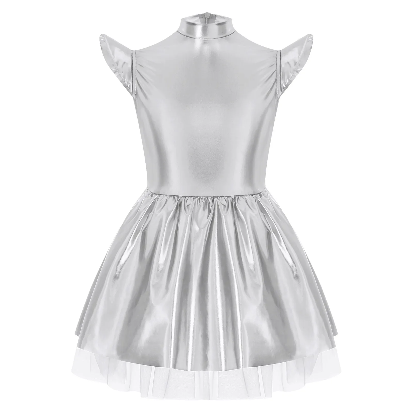 Kids Girls Alien Dress Halloween Astronaut Robot Outer Space Theme Party Dress Up Costume Glossy Metallic Ruffled Tutu Dress image 3