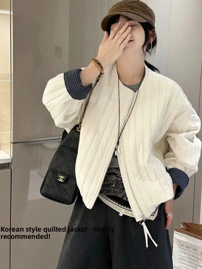 

Women's Loose Short Cotton Jacket Autumn New Style Plaid Sleeve Splicing Thin Wave Pattern Knot Regular Sleeve Zipper
