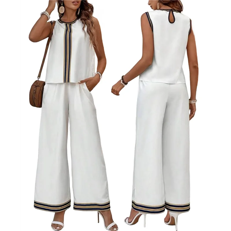 

A18P-Womens 2 Piece Outfits Linen Sets Sleeveless Button Vest Wide Leg Pants Matching Lounge Set