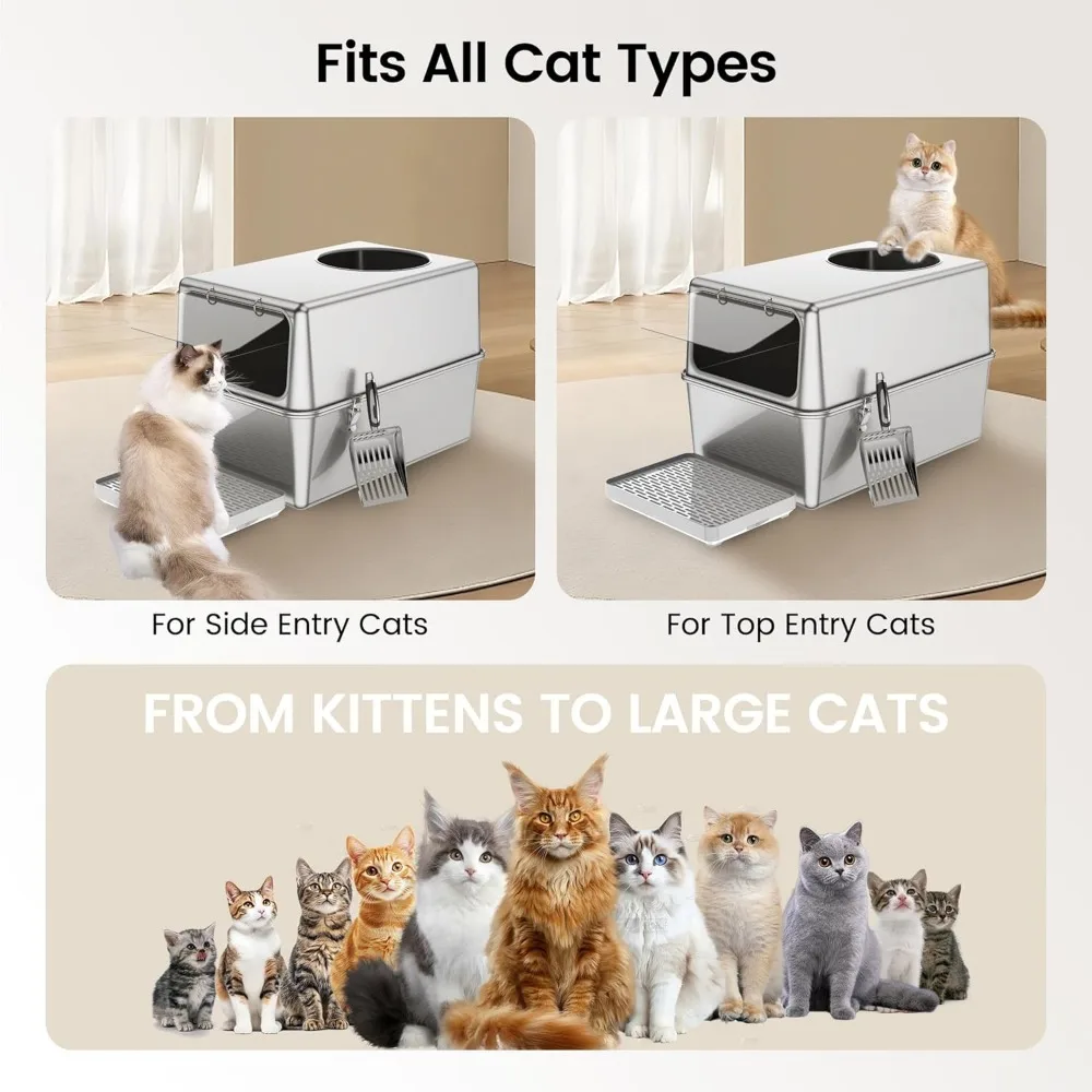 Large Enclosed Stainless Steel Cat Litter Box with High Sides, Dog-Proof, Odor Control, Easy Clean