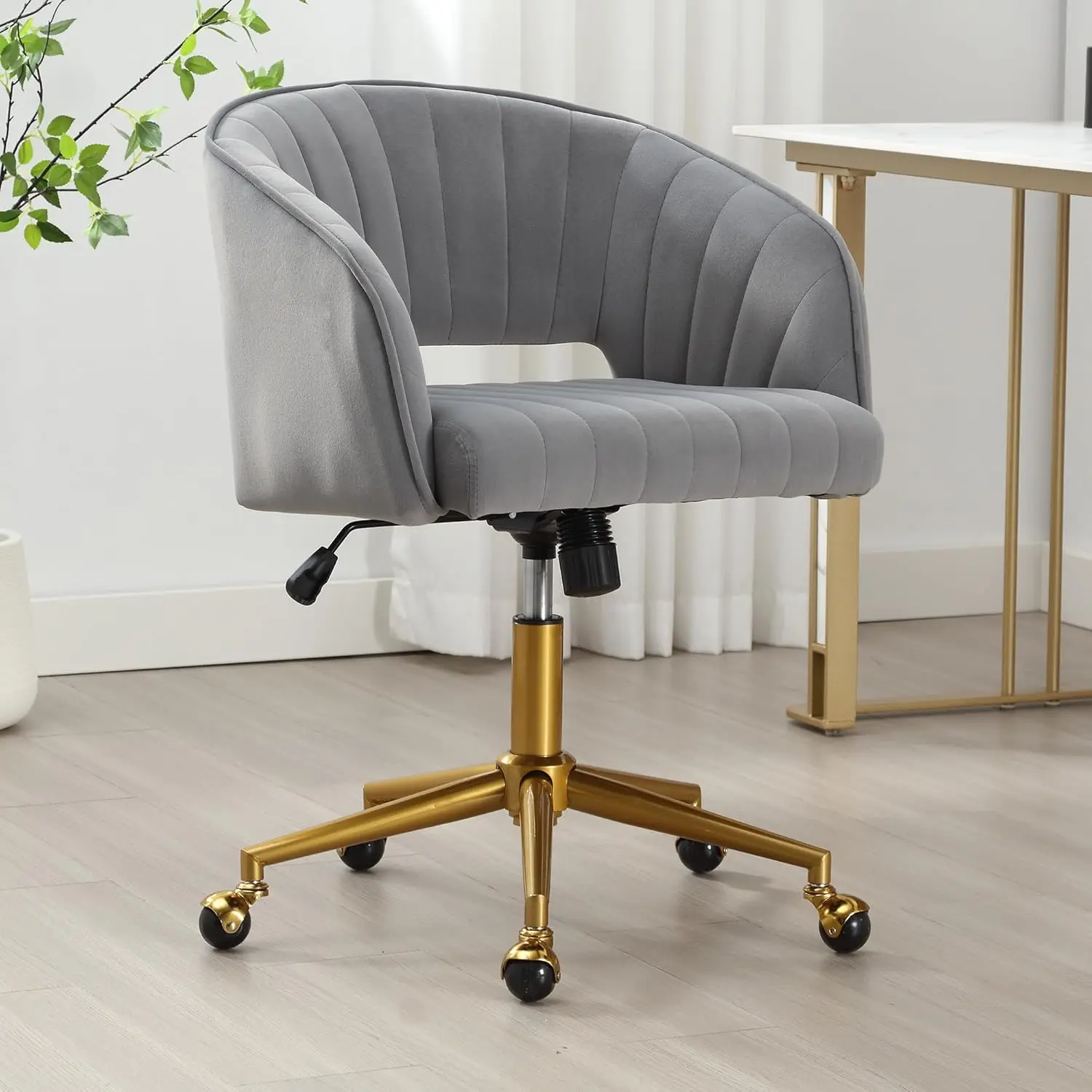 

Desk Chair With Wheels, Velvet Home Office Chair, Swivel Armchair Gold Base, Upholstered Modern Accent Chairs, Ba Line