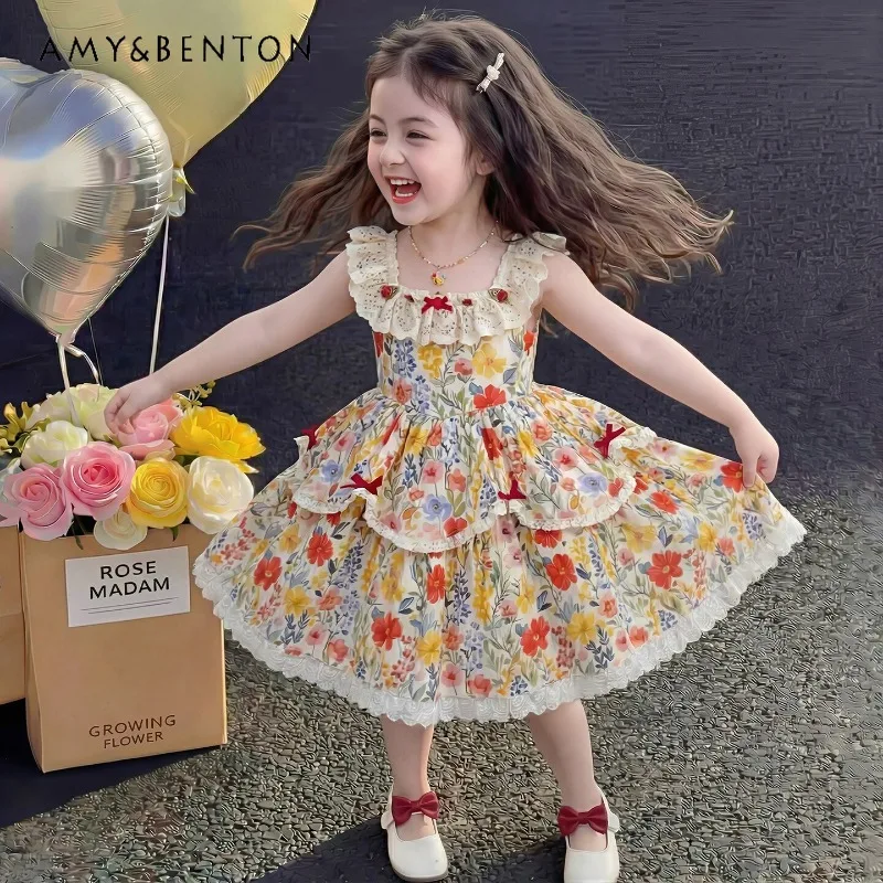 

Girls' Sleeveless Floral Cotton Dress with Lace Trim Vintage Country Style Sundress for Summer Casual Wear Kids Clothes