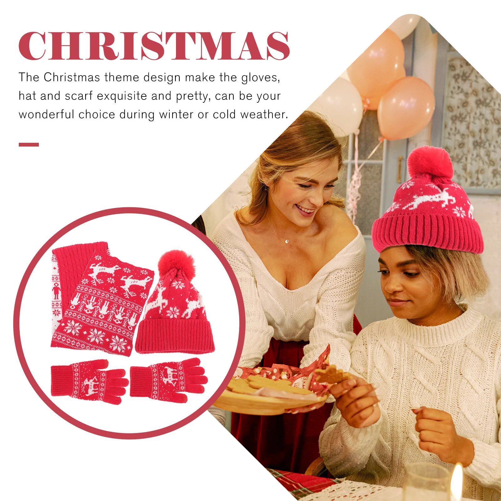 1Set Women Winter Warm Set Hat Gloves Scarf Christmas Theme Lightweight Gentle Comfortable Thermal Retention Riding Travel