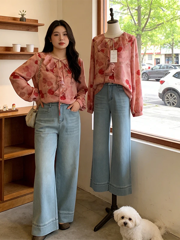 

Spring New plus Size Dopaamine Floral Print Chiffon Shirt V-Neck Long Sleeve Lightweight Top Women's Korean Style Loose Fit