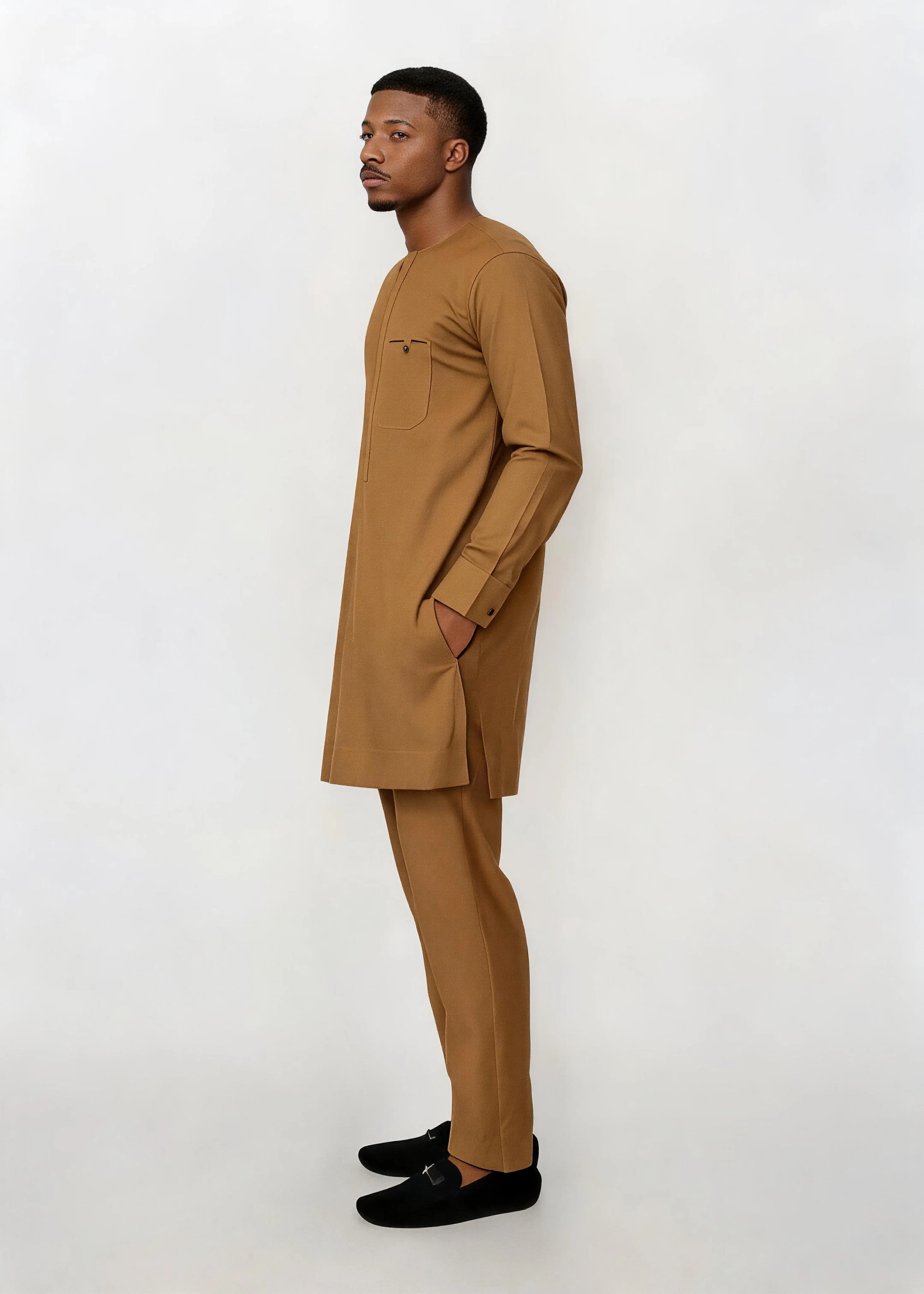 Men Muslim 2Pcs Kurta Pant Set Asymmetric Hem Long Sleeve African Eid Thobe Outfit
