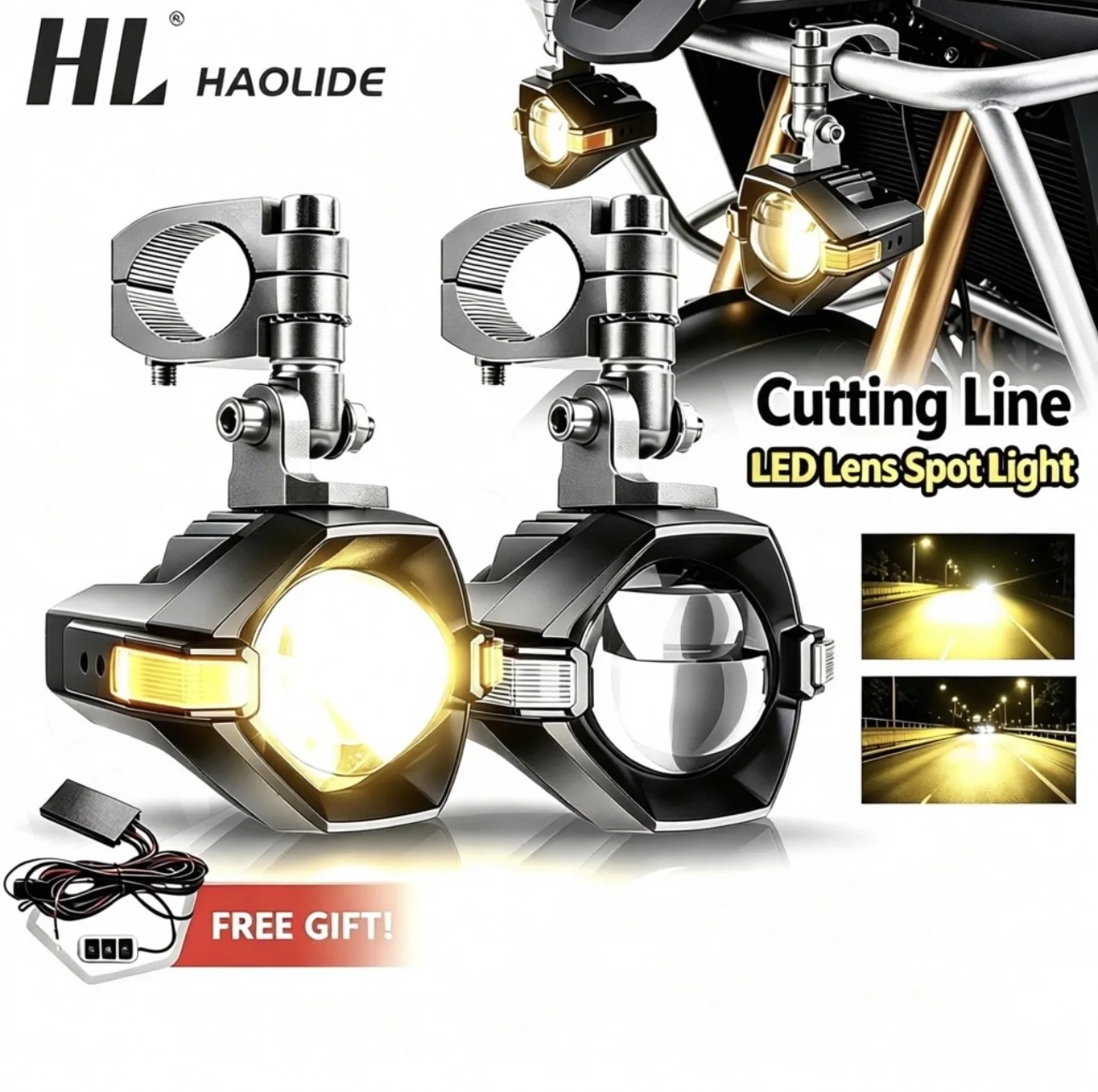 HL White Amber Dual Color Motorcycle LED Auxiliary Projector Light Strobe Fog Lamp Kit for BMW R1250GS KTM 390 790 off-road use