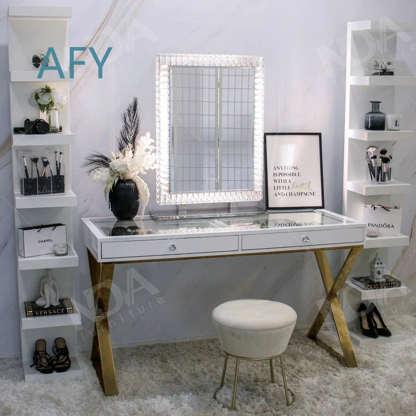 Q&n Light Luxury Bedroom Dressing Table Set for Makeup Vanity Table with Glass Table Top Stainless Steel Legs Modern