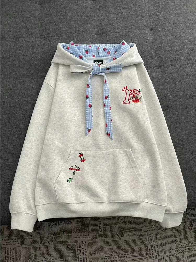 2025 new autumn Cartoon Embroidery Hoodies Women fashion Plaid Patchwork Bandage Bow Sweatshirts Loose Casual Lazy Wind Tops