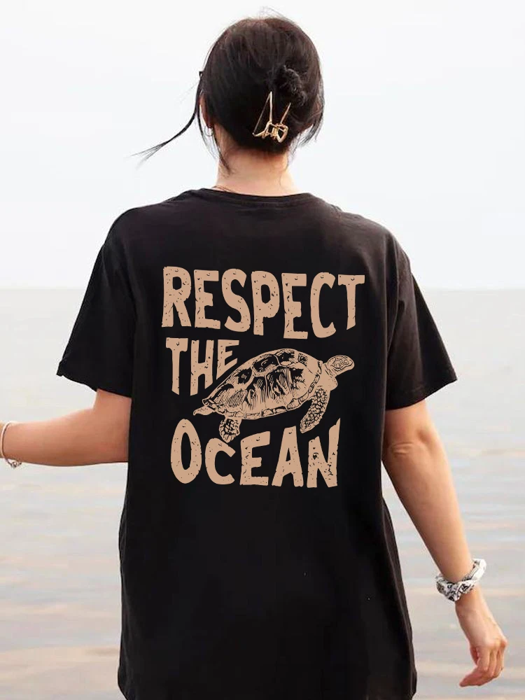 Respect The Ocean Sea Turtle Womans Cotton T-Shirts Vintage Casual Tee Clothes Personality Street O-Neck Tops Women Short Sleeve