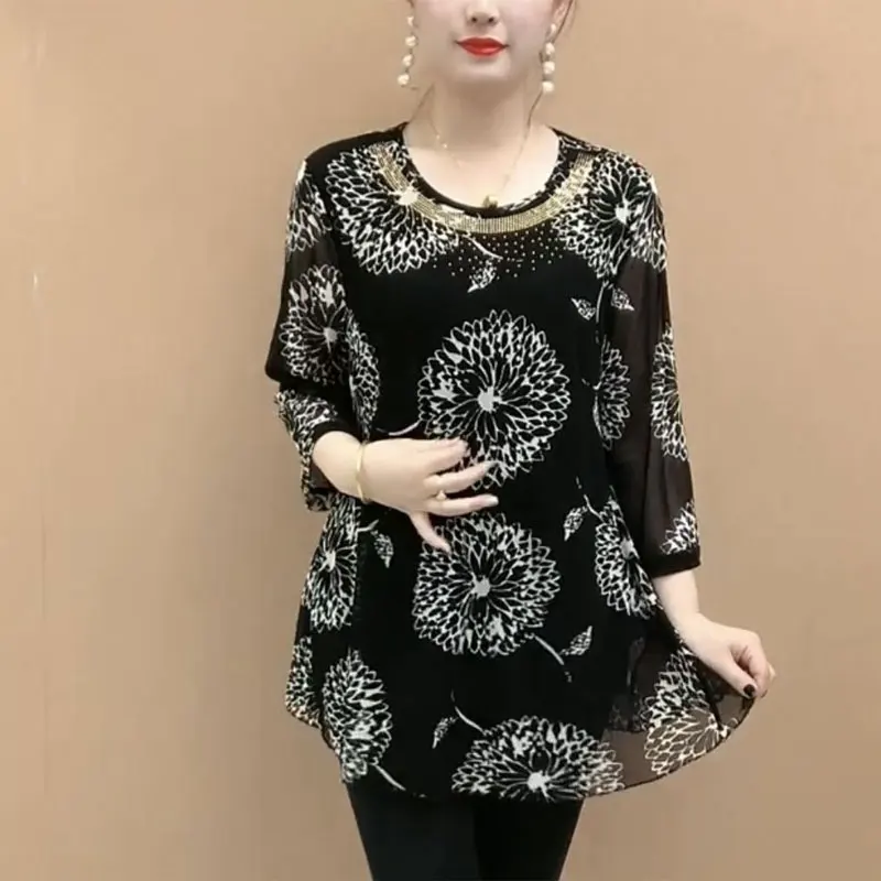 Casual O-hals Mode Diamanten Blouse 2023 Lente Zomer Losse 3/4 Mouw Vrouwelijke Kleding Gaas Woon-Werkverkeer Vintage Bedrukt Shirt