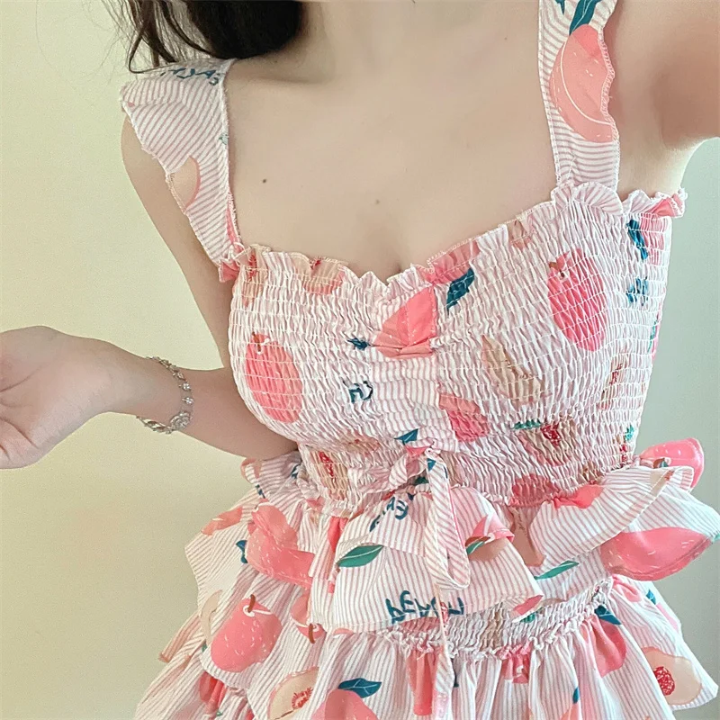 

2023 New Summer Set Women Honey Peach Mini Dress Blouse Korean Fashion Leisure Suits Sweet Clothing Sexy Dress Party Beach Y2k