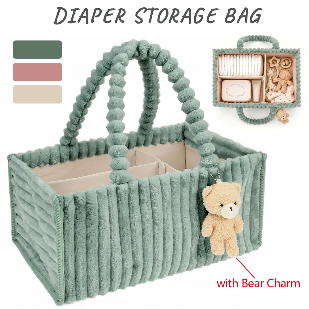 

Travel Portable Mommy Bag Foldable Diaper Bag with Handle and Bear Charm Feeding Bottle Storage Handbag Home Car Caddy Organizer