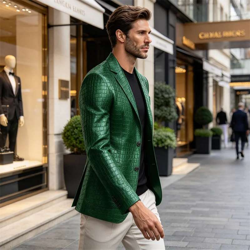 Men's Crocodile Pattern Faux Leather Blazer Slim Fit Suit Jacket For Disco Club Wedding Evening Party Performance Outerwear