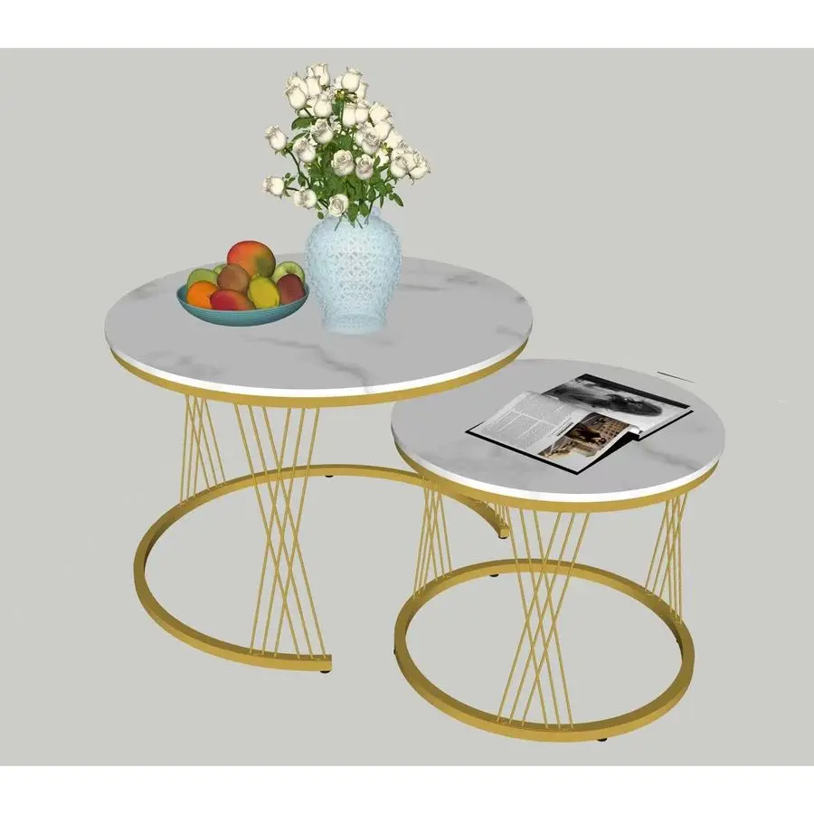 

27.5 Inch Round Nesting Coffee Table Set of 2, White Marble Look MDF Top amp Gold Metal Legs, Modern End Tables