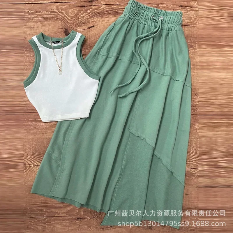 Big Hem Skirt Suit Short Tank Tops Vest Top Women Summer Dress Sets 2 Piece Sets Outfits High Waist Skirts Sets