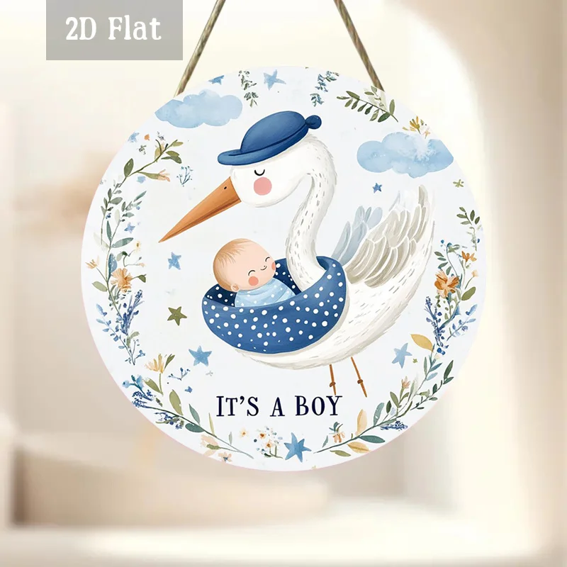 2D Flat, 1pc Stork Baby Round Wood Panel Painting, Newborn Celebration Wood Panel Painting, Starry Skies Wall Art - Floral Wreat
