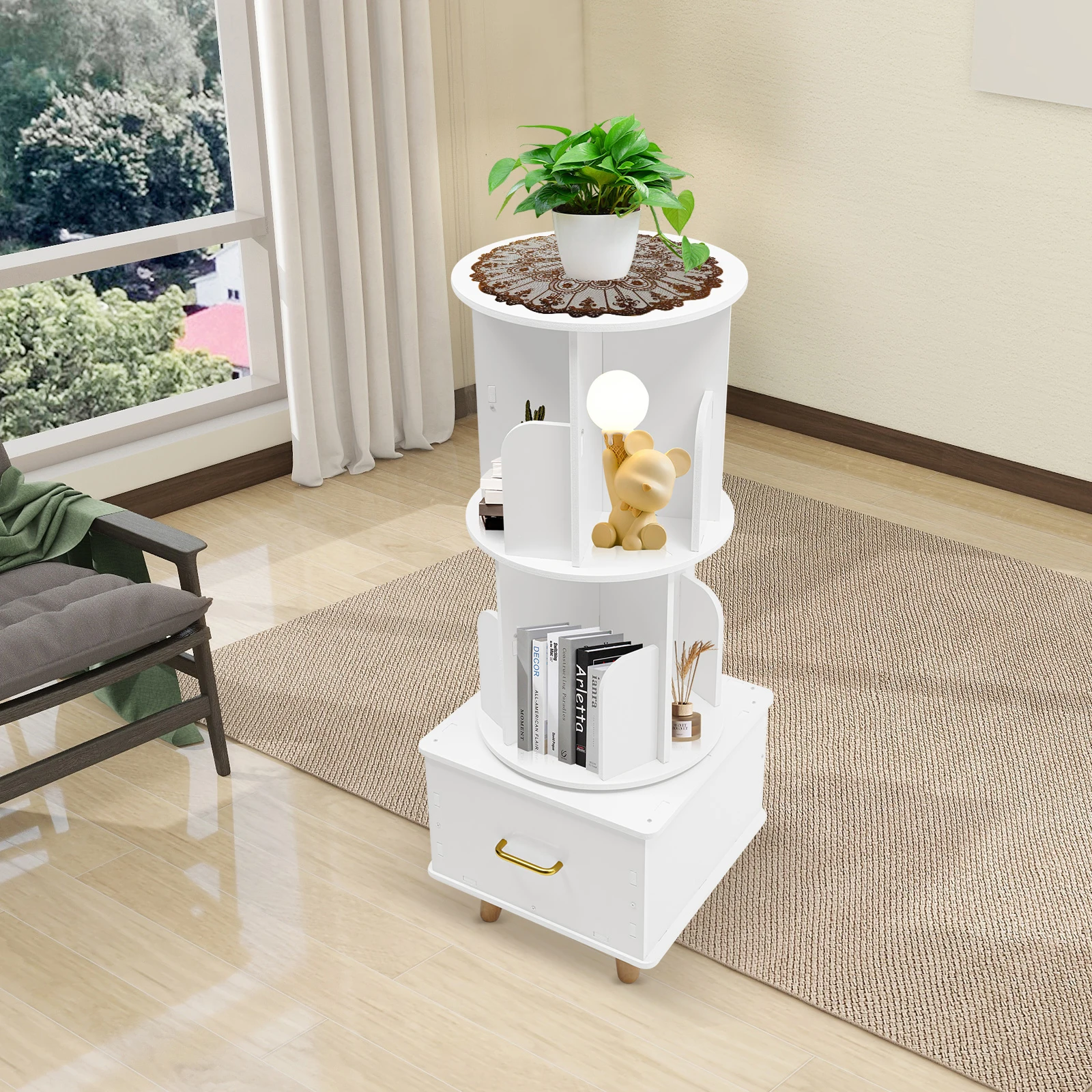 Rotating Book Shelf 360° Bookcase 50kg Load Capacity 3-tier Storage Rack placed in Living Rooms/Bedrooms/Children's Rooms/Bookstores/Cafes/Bookstores