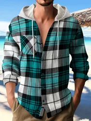 2024 spring and autumn hot men's flannel plaid hooded casual shirt fashion street top