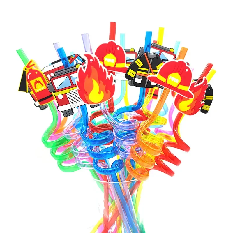 8pcs 26cm Fire Engines Party Favours Drinking Straws Reusable Plastic Spiral Straw for Fire Truck Birthday Party Supplies