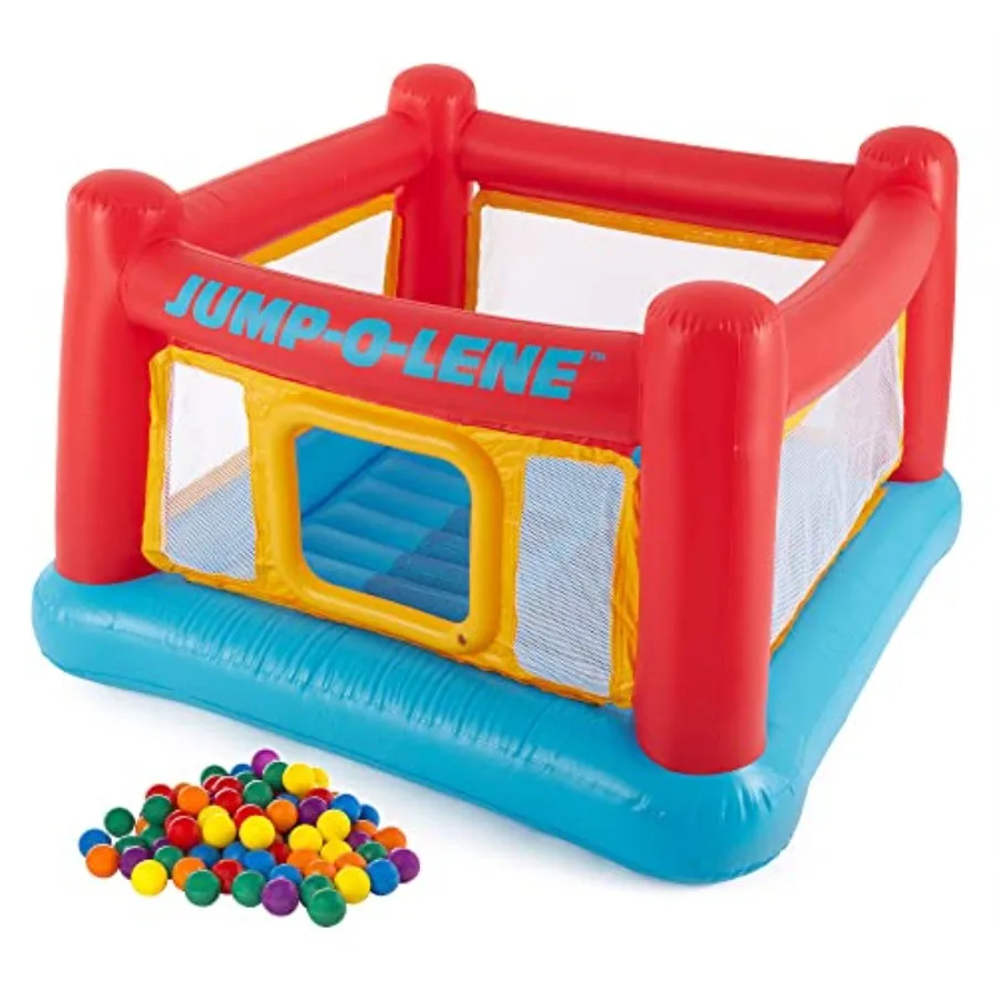 

Inflatable Jump-O-Lene Trampoline Bounce House with Crawl-Thru Door and Small Plastic Multi-Colored Fun Ballz for Ball Pit, 100