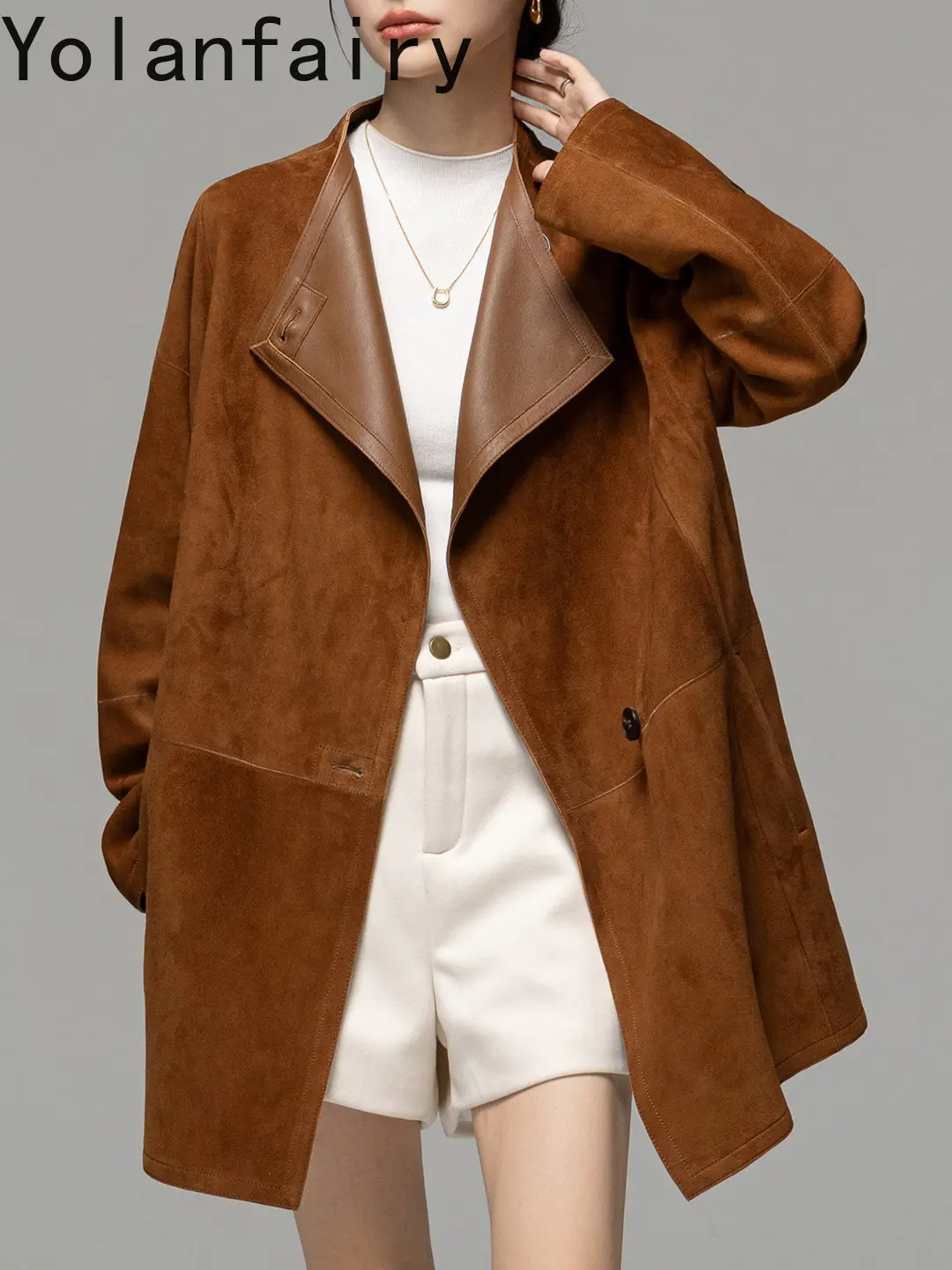 YOLANFAIRY Luxury Suede Sheepskin 100% Genuine Leather Jacket Women Vintage Lapel Top Quality Real Leather Trench Coats Mid-long