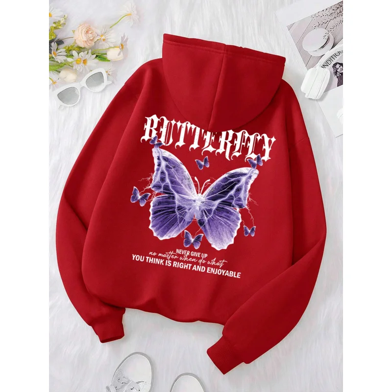 Beautiful Purple Butterfly Printing Hoodies Women Fleece Pocket Hoody Simple Casual Hoodie Autumn Loose Female Streetwear