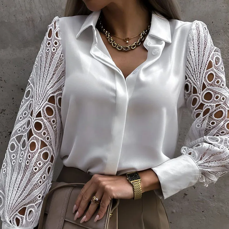Sexy long Lace sleeve White Hollow Out Women Blouse Vintage Button Up Black Shirts Tops 2022 Spring Mesh Design Tops Femme 19948