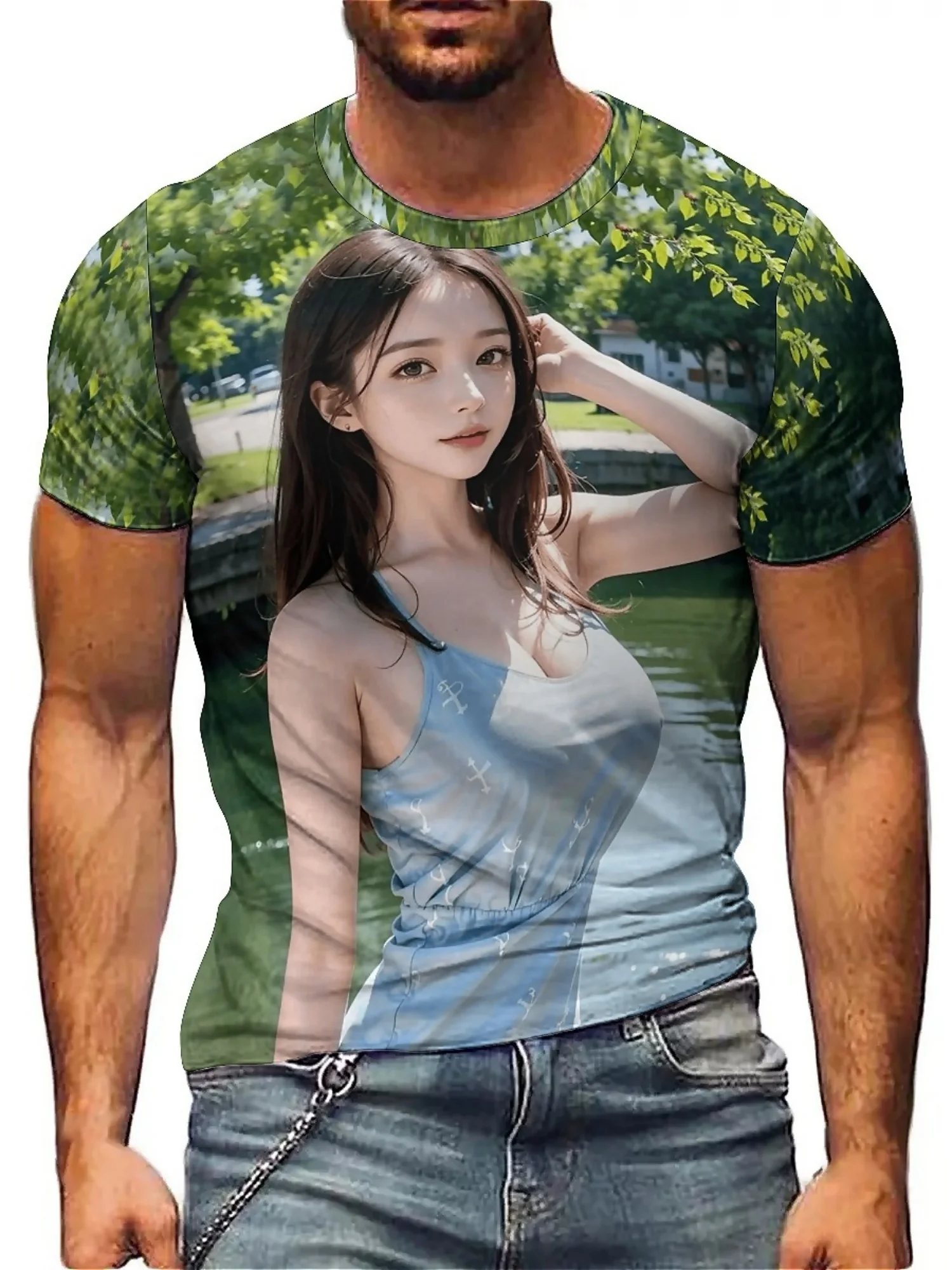 

Men'S Casual Summer T-Shirt with Cute Girl 3D Print Design - Soft Polyester, Round Neck, Short Sleeve, All-Season Comfort