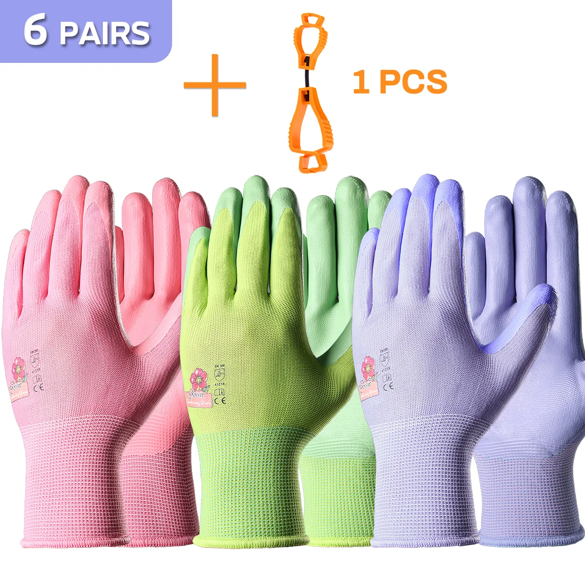 

6 Pairs Women's Colorful Nitrile Foam Garden Gloves with Glove Clips: Durable, Comfortable, Ideal for Various Gardening Tasks, W