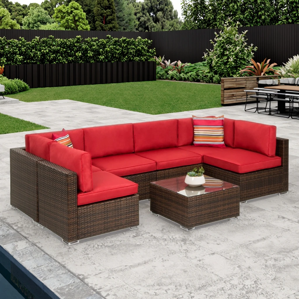 OR-Modern Luxury Outdoor Garden Furniture Stylish L-Sectional Modular Rattan Patio Sofa Set Wicker Conversation Piece!
