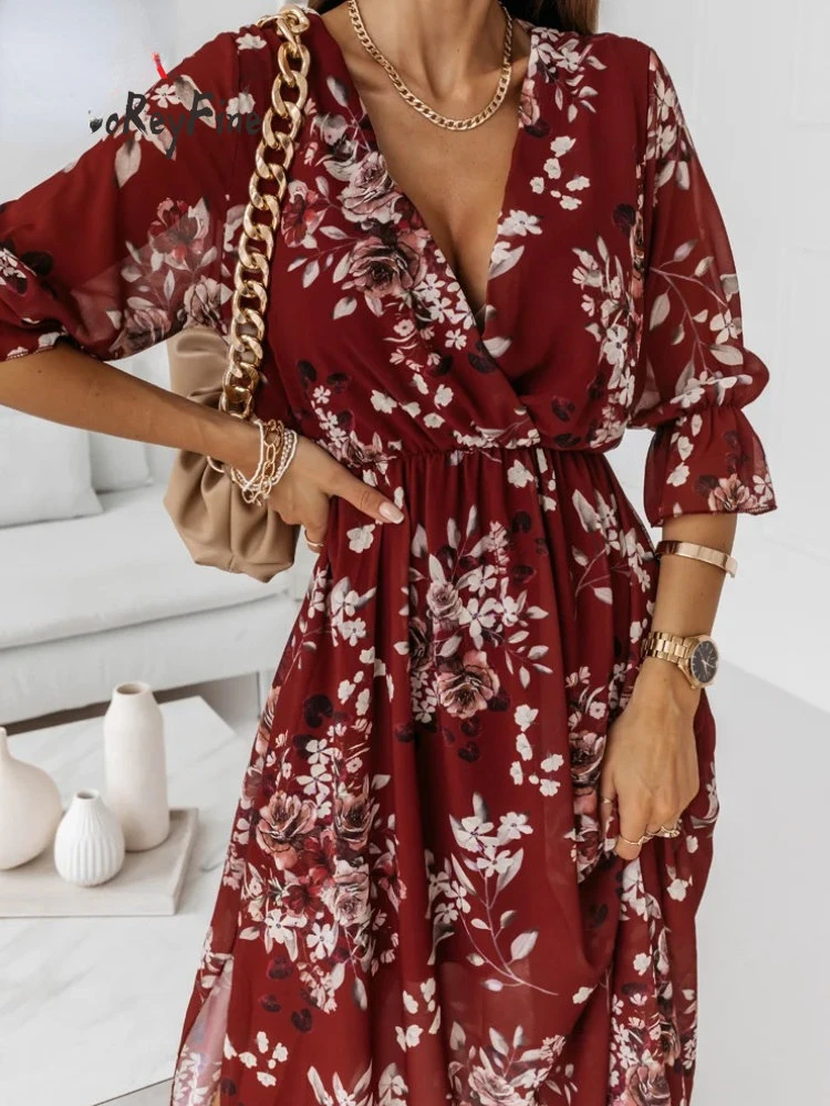 Chiffon Summer Dresses Women 2023 Elegant A-line Flower Office Spring Long Sleeve V-Neck Floral Maxi Dresses for Women Vestido