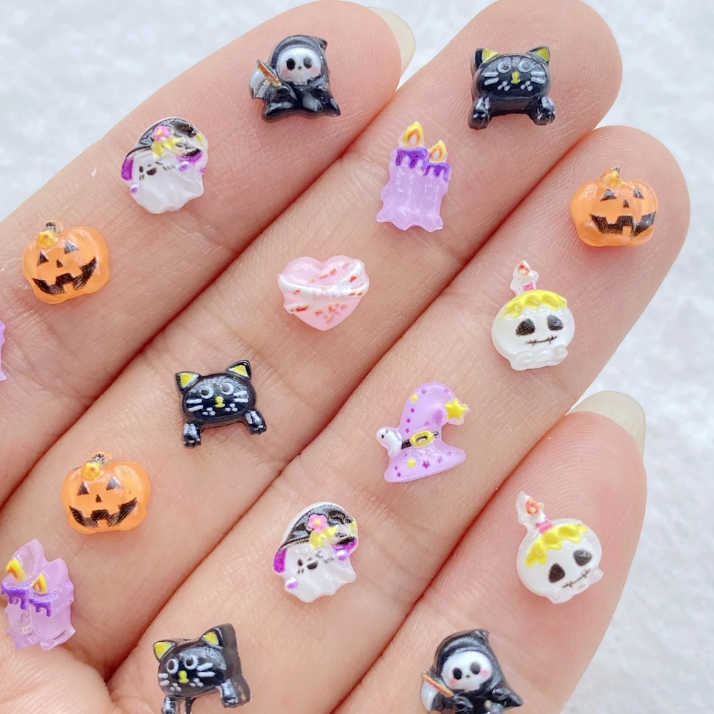 50 Stück Harz süße Mini Cartoon Halloween schwarze Katze, Geist, Totenkopf Kerze Nail Art Flatback Strass DIY Scrapbook Dekor Handwerk