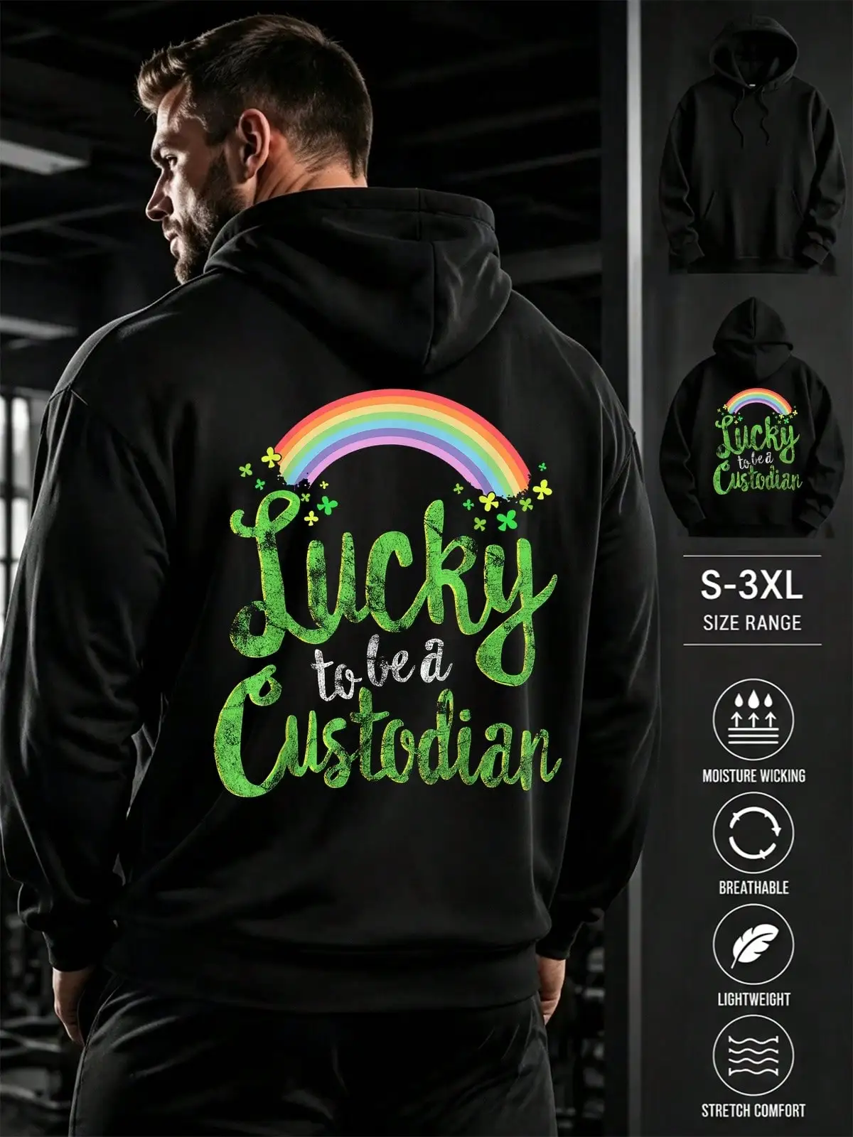 Mens Casual Simple Drawstring Hoodies, Lucky Custodian Back Print, Long Sleeve Sweatshirt Pullover With Pocket