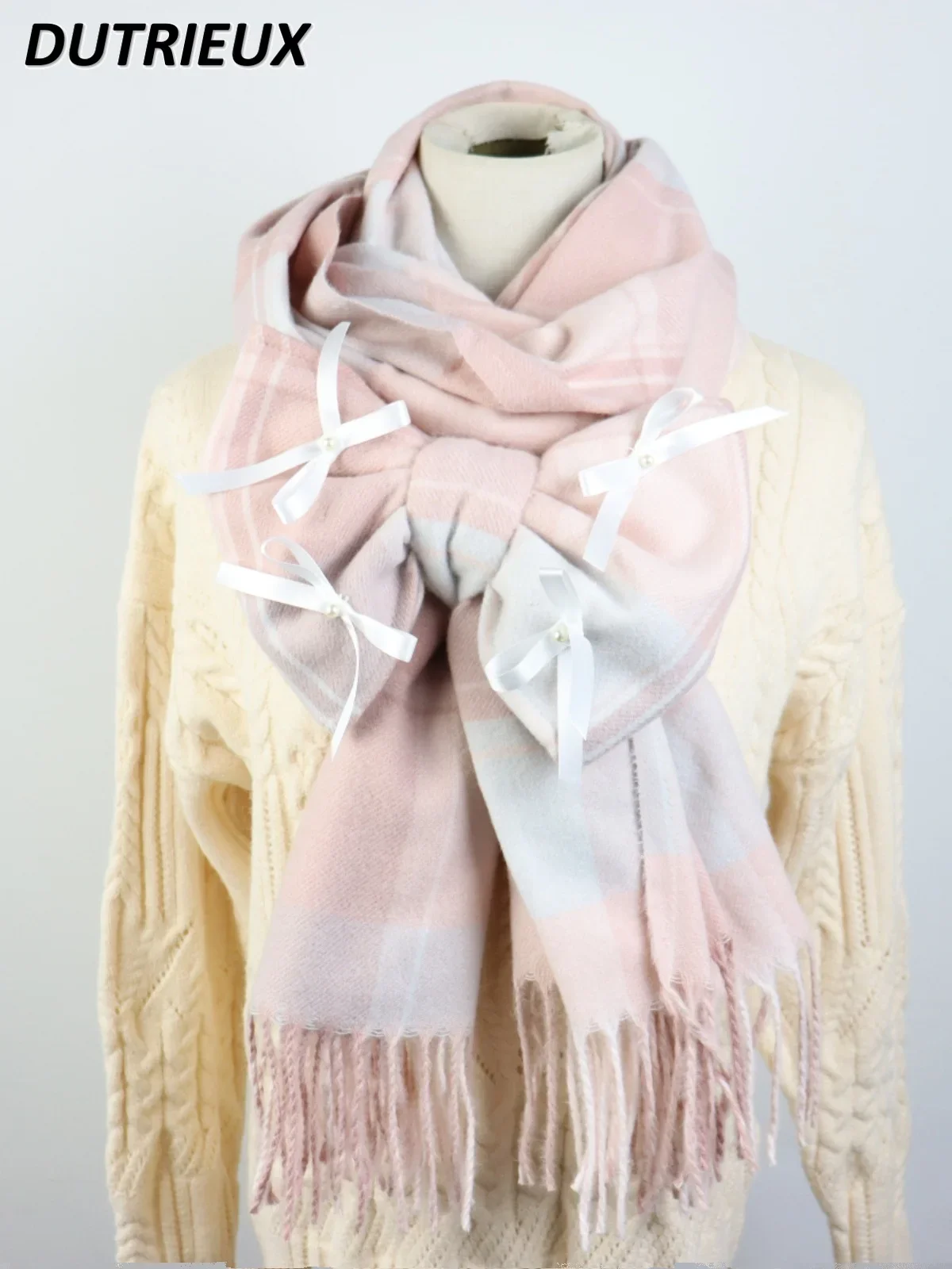 

Scarf Shawl for Women Dual-purpose Bow Cute Pearl Imitation Cashmere Japanese Plaid Winter Warm Soft Scarf Accessories