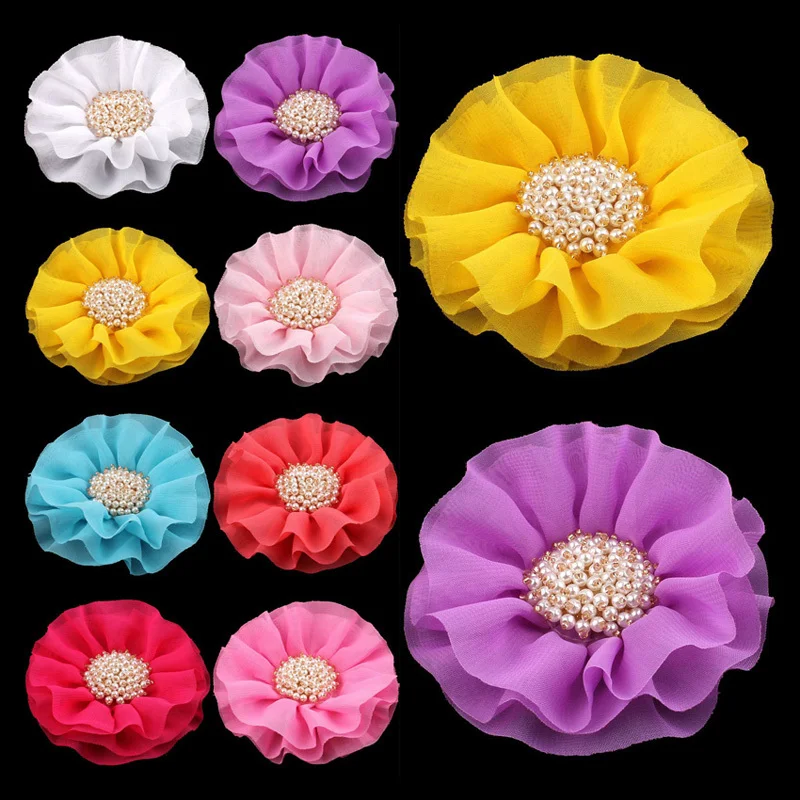 

4" 15colors Big Ruffled Chiffon Flowers+Pearl Centre For Kids Hair Accessories Artificial Fabric Flowers For Headbands