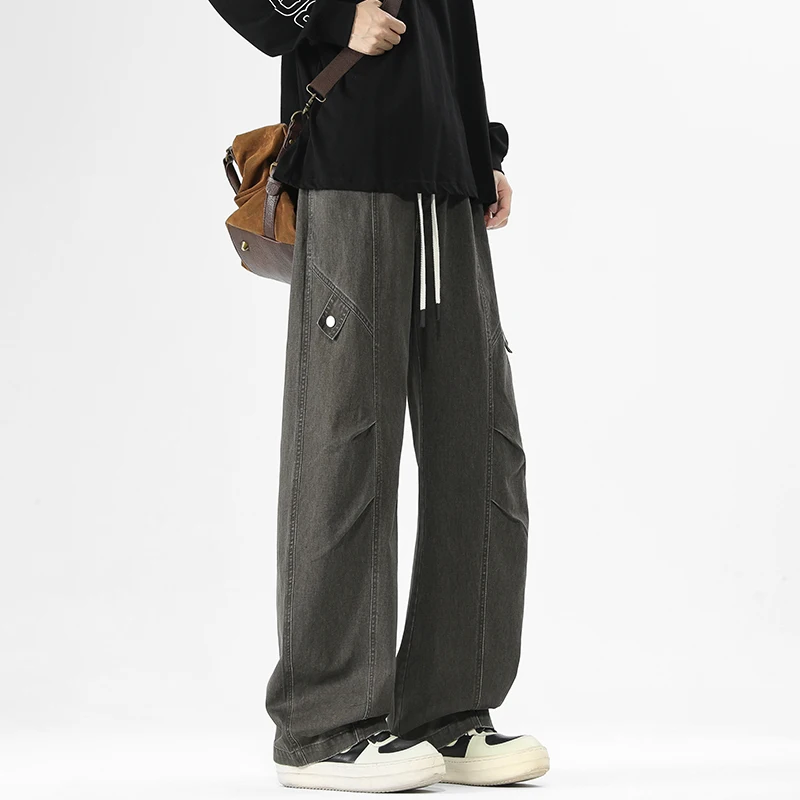 【Mirrordust】Men's Retro Loose Casual Long Pants Pure Cotton Straight Wide-Leg cargo pants for men
