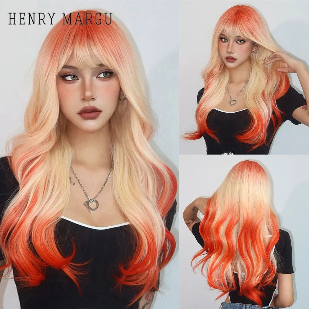 HENRY MARGU Blonde to Orange Wigs with Bangs Long Body Wavy Wig Ombre Platinum Colored Synthetic Hair Orange Roots Party Wig