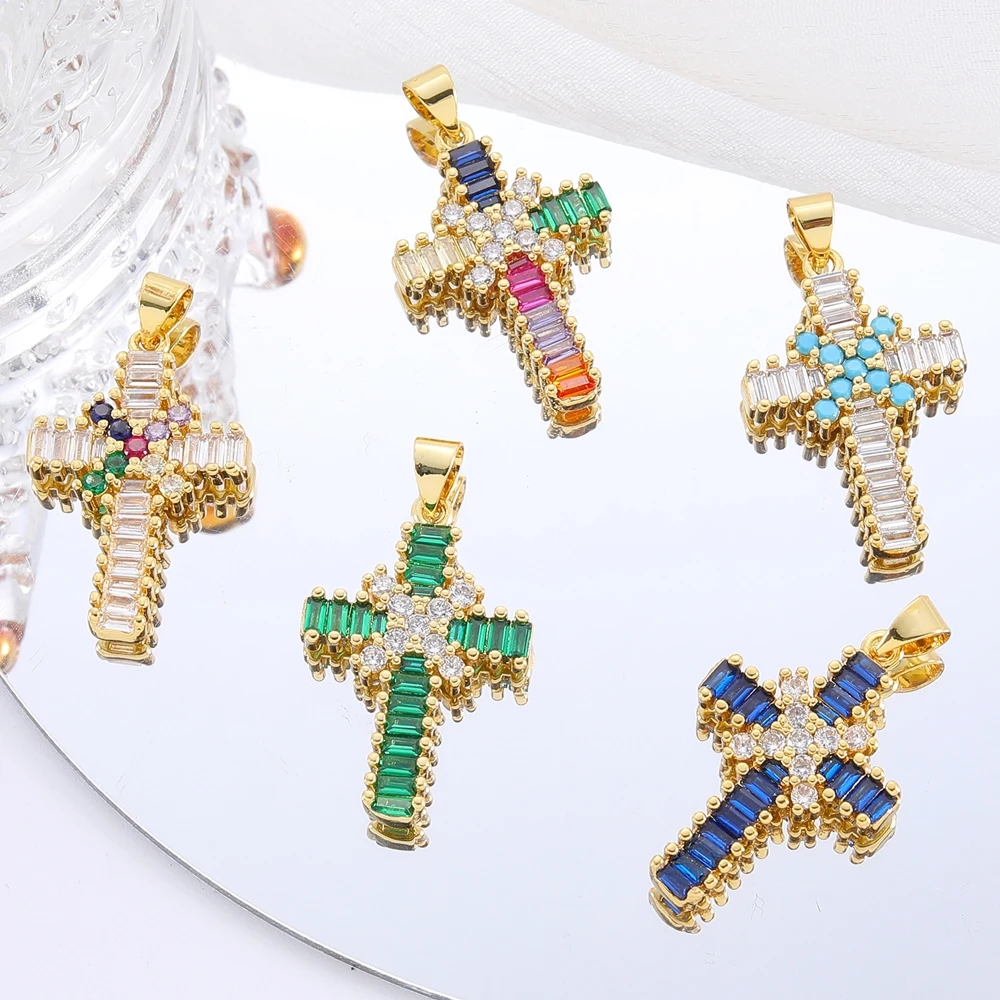 Juya DIY Luxury 18K Real Gold Plated Catholic Christian Cross Charms For Handmade Religious Talisman Pendant Jewelry Making