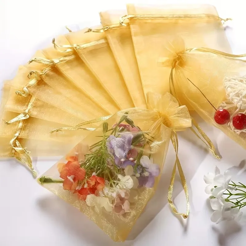 50/100/150Pcs Gold Organza Drawstring Bags – Sheer Mesh Gift Pouches with Rope for Wedding Favors, Festival Christmas Decor TMZ