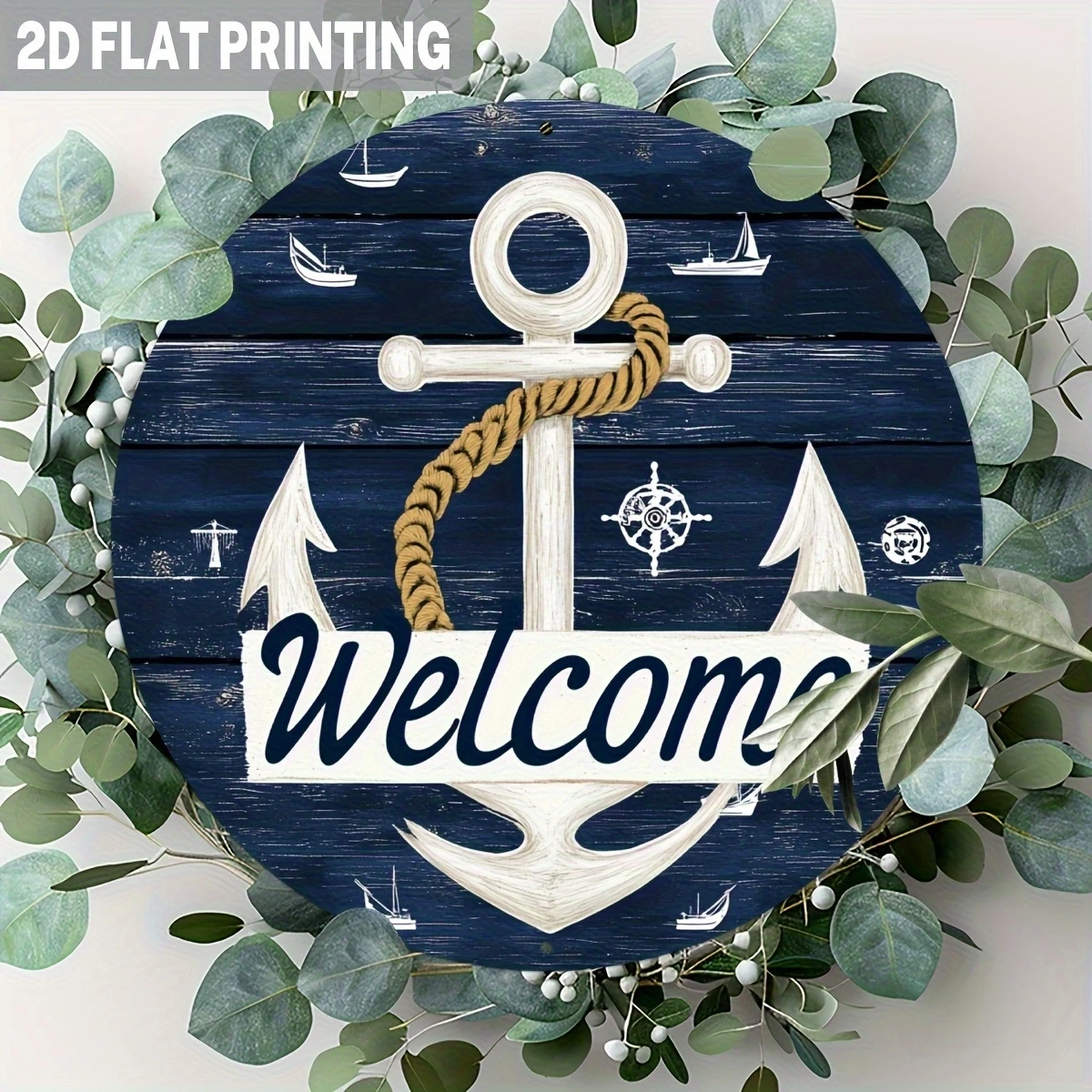 2D Rustic Coastal Farmhouse-Style Vintage Nautical Anchor & Sailboat Wooden Circular Wall Decoration Signboard Nautical Theme