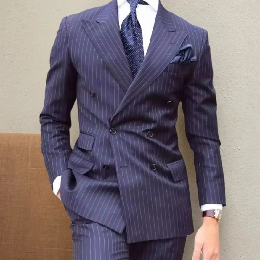 

Navy Blue Striped Men Suits Double Breasted Wedding Tuxedos Slim Fit Formal Business Boyfriend Suit Male Sets Jacket with Pants