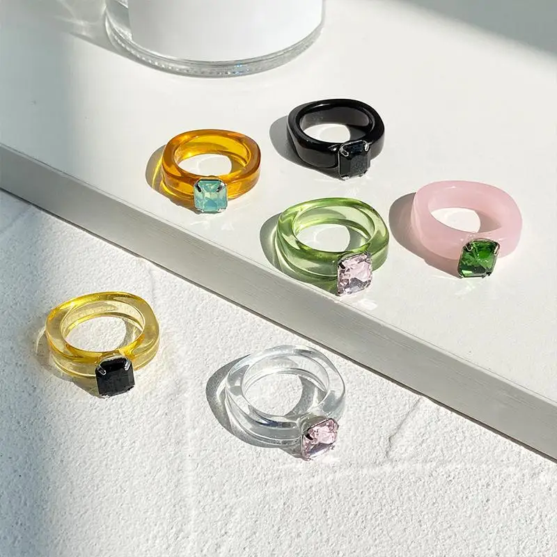 Fashion Simple Inlaid Colorful Zircon Resin Ring Women Sweet Cute Birthday Party  Jewelry Gift