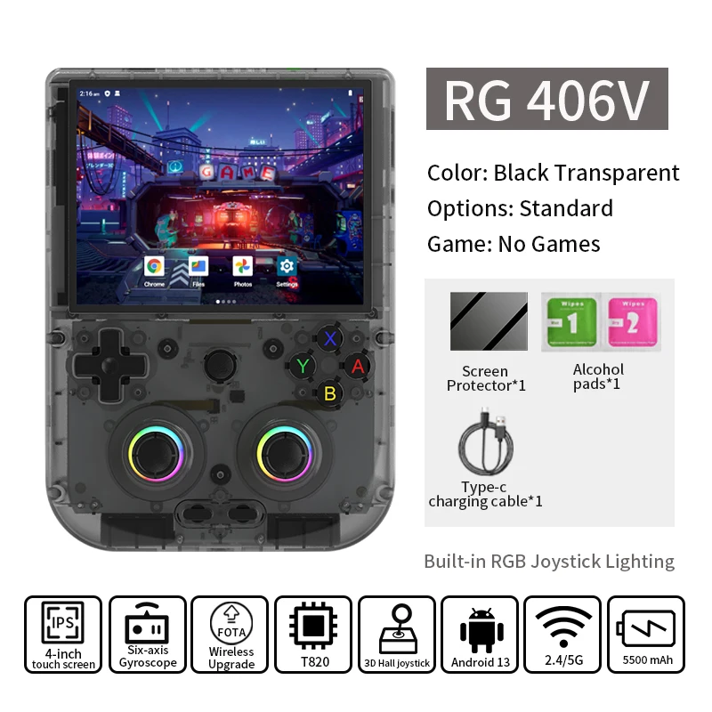ANBERNIC RG406V Retro Handheld Game Console 4 "IPS Multi-touchscreen Android 3D Hall Joystick 5500mAh Video Player 1080p DP Out