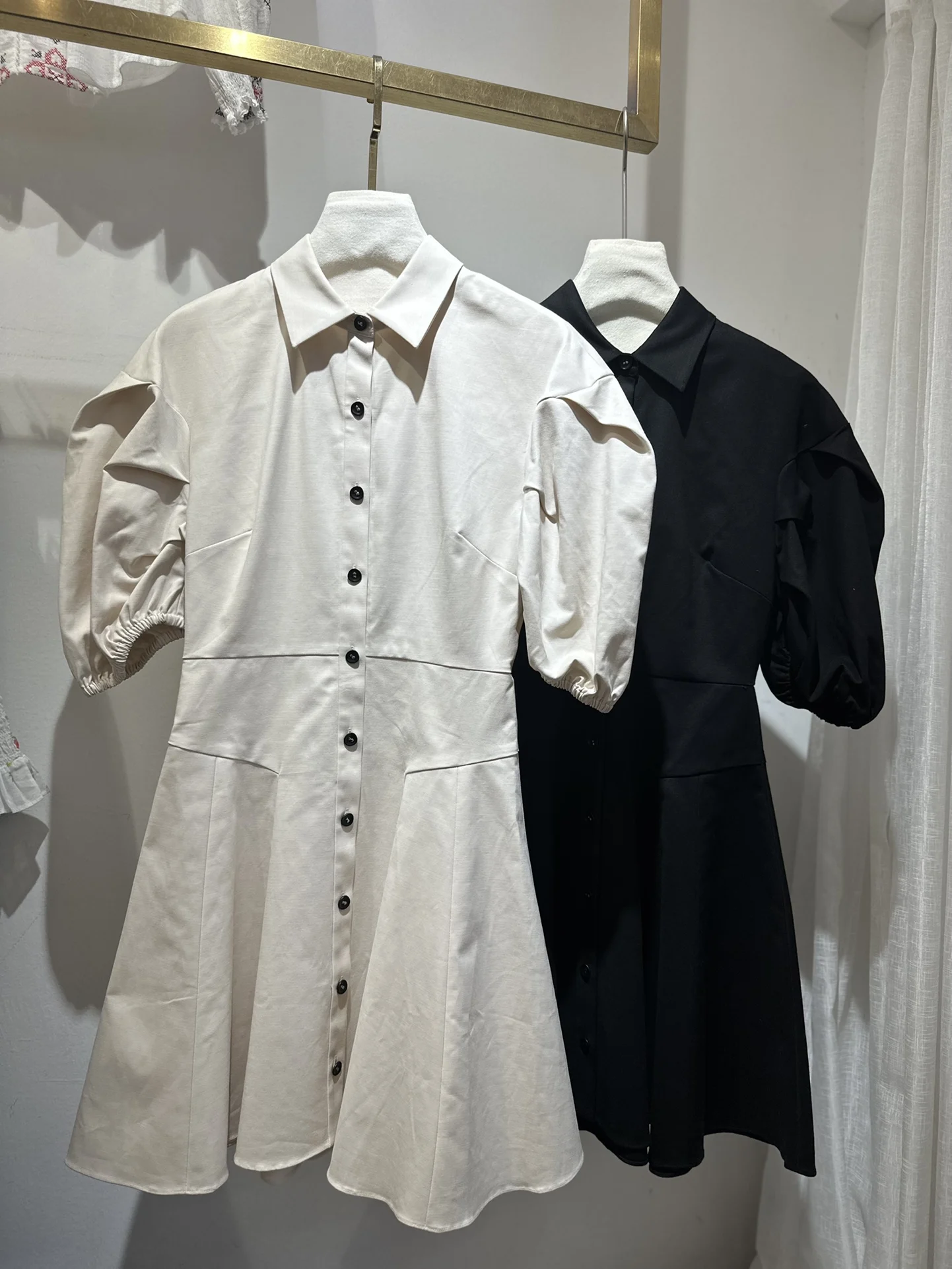 

2024 White Black Mini Dress Short Sleeve Turn-down Collar Pleat Simple Style Woman Clothes New High Quality