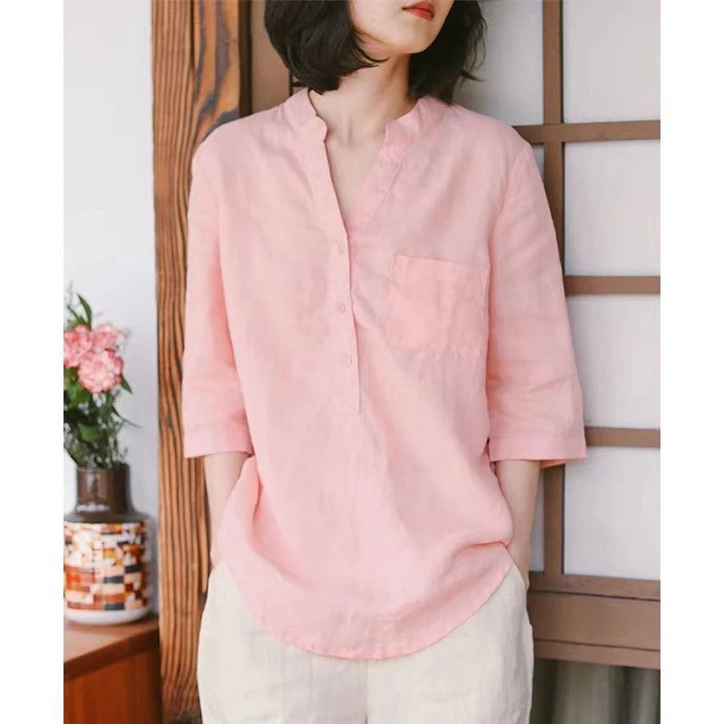 Summer New Ethnic Style Cotton Linen Pullover Shirt Ladies 3/4 Sleeve Comfortable Solid Color Top Women Literary Vintage Blouse