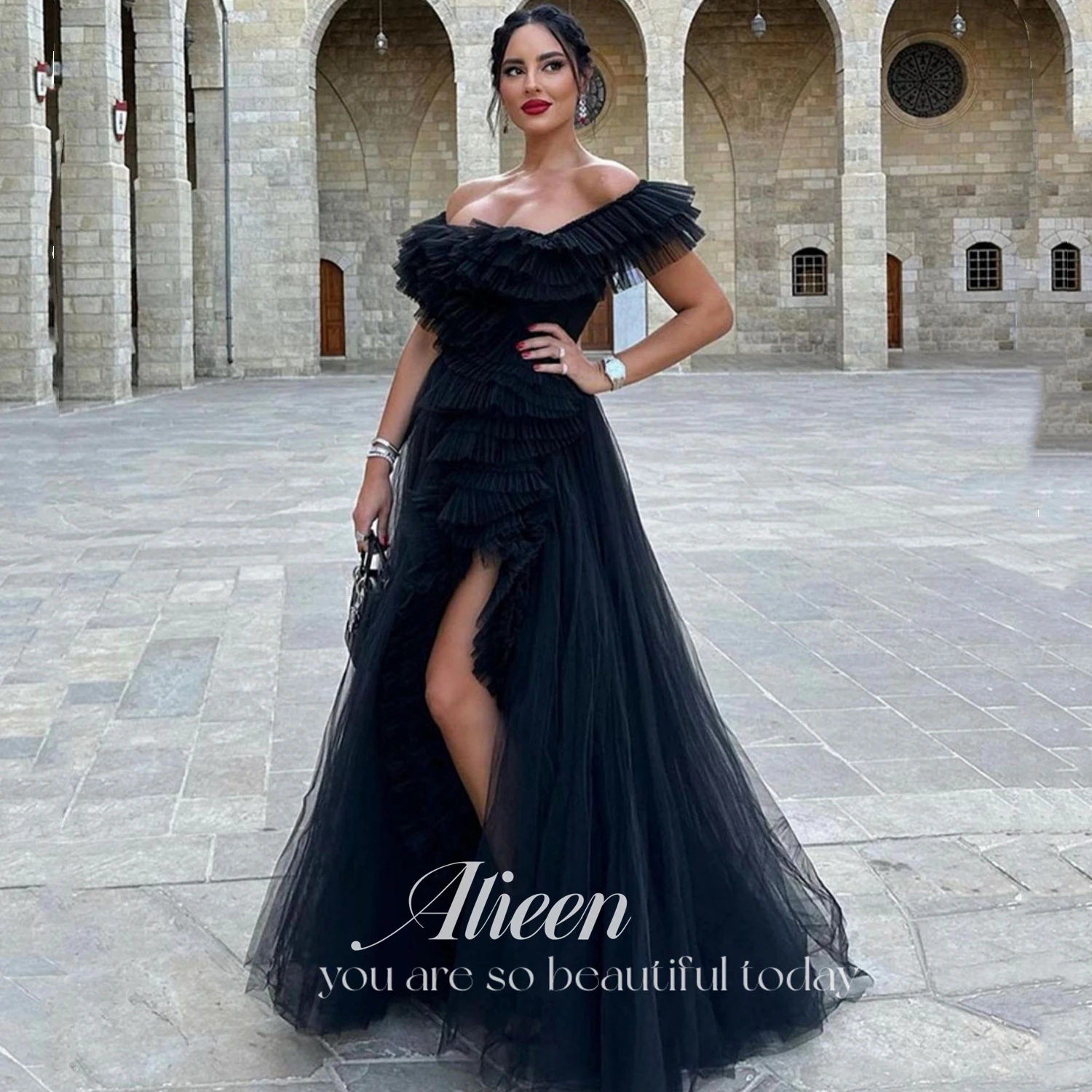 

Aileen Elegant Off Shoulder Vestidos De Noche Sexy Side Split A-line Prom Dress 2024 Handmade Black Pleats فساتين السهرة Evening