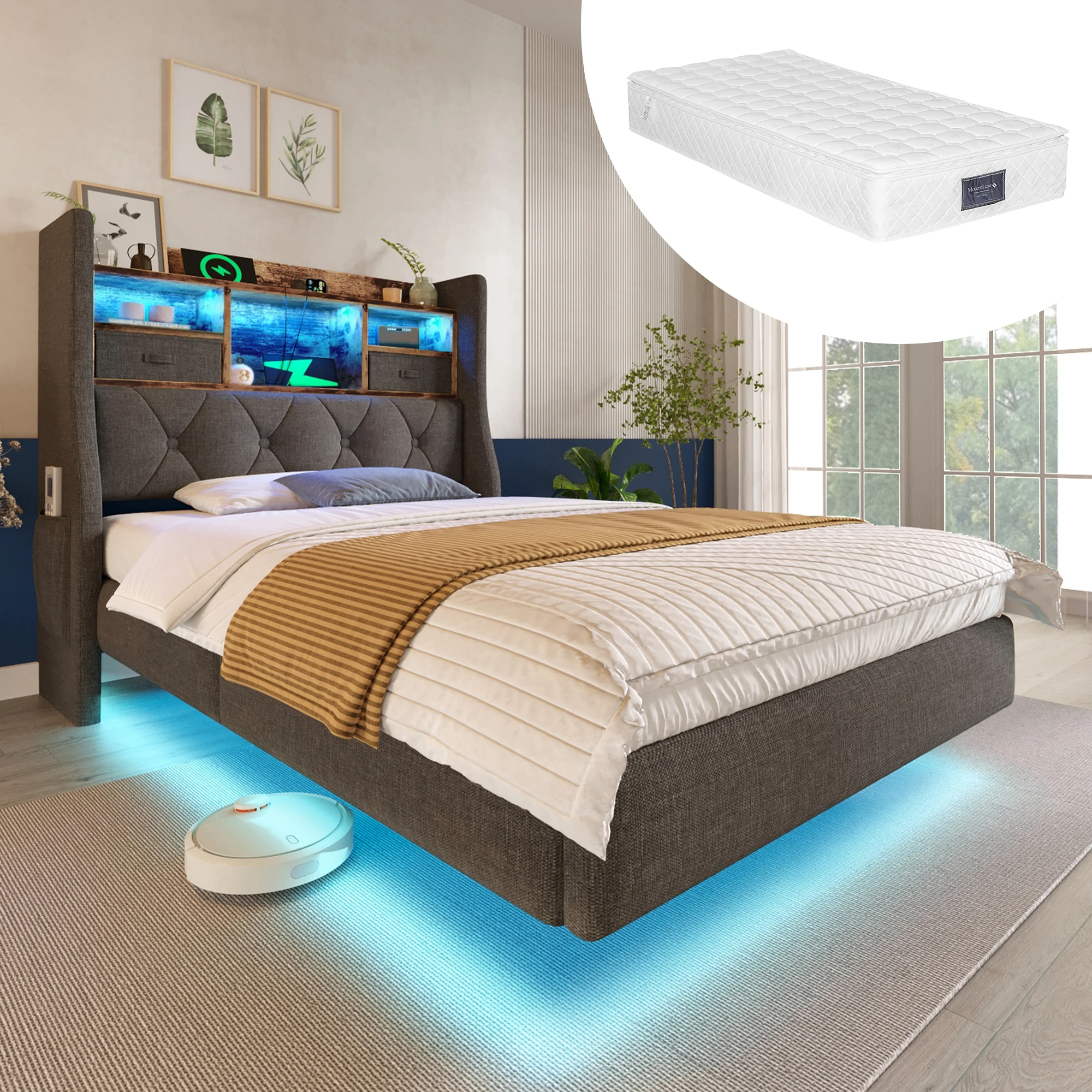 Lit simple 1 place avec LED réglable, USB, USB-C et rangement 90 × 200 cm, matelas inclus, en lin, gris