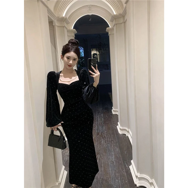 فستان ميدي أسود مخملي عتيق للنساء أنيق للحفلات واللؤلؤ الماسي فساتين حورية البحر شتوية كورية بأكمام طويلة فساتين ضيقة جديدة #3