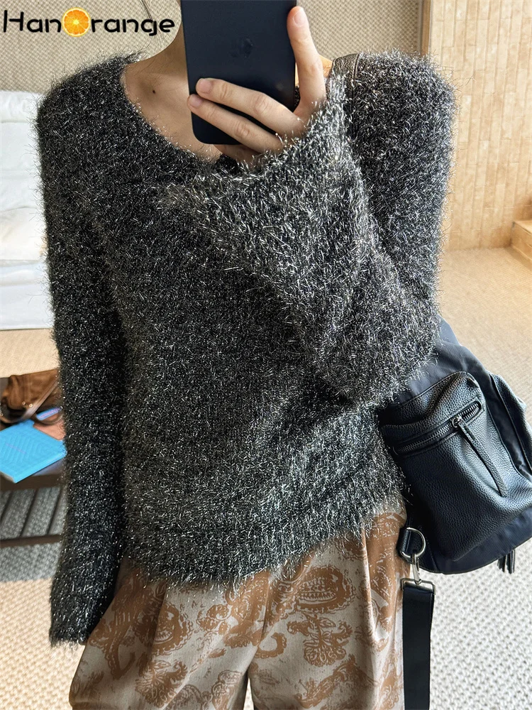 HanOrange 2026 Spring Simple Lazy V-neck Bright Silk Plush Texture Sweater Women Loose Silhouette Top Black/Khaki