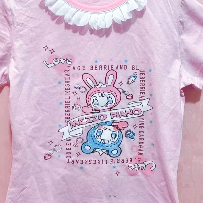 Y2k اليابانية Kawaii الكرتون طباعة بلايز المرأة Harajuku لطيف سليم تي شيرت الجمالية Preppy الجنية الجرونج كم طويل تي شيرت